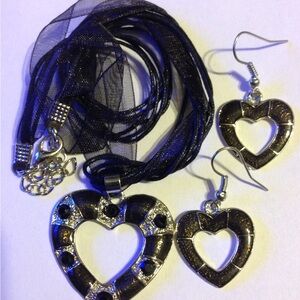 New 3 Piece Black Heart Cord and Chiffon Necklace With Matching Earrings
